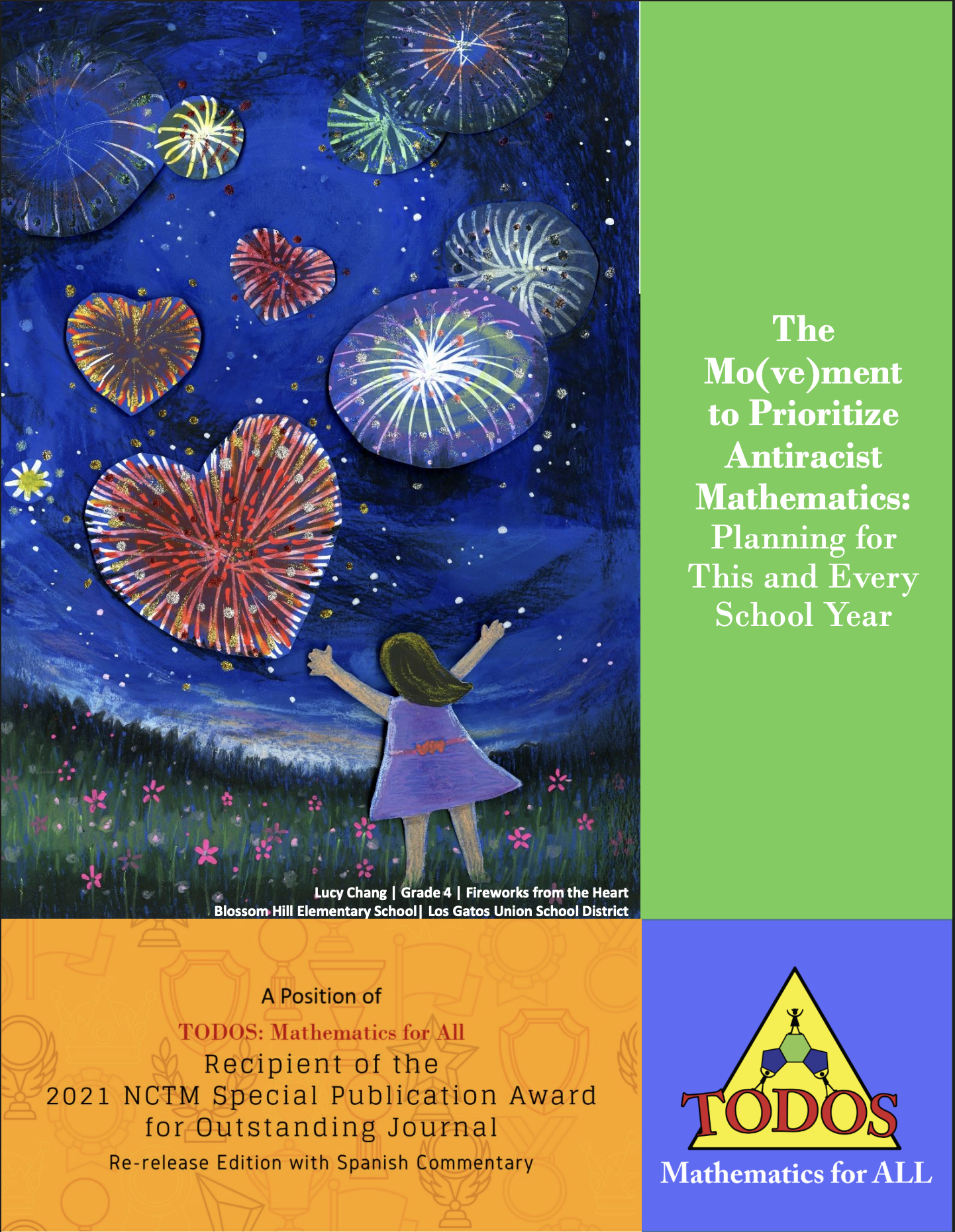 The cover page of the position statement, 'The Mo(ve)ment to prioritize antiracist mathematics.' Artwork entitled 'Fireworks from the Heart' by Lucy Chang is featured, displaying a child in a field watching fireworks burst in the shapes of circles and hearts.